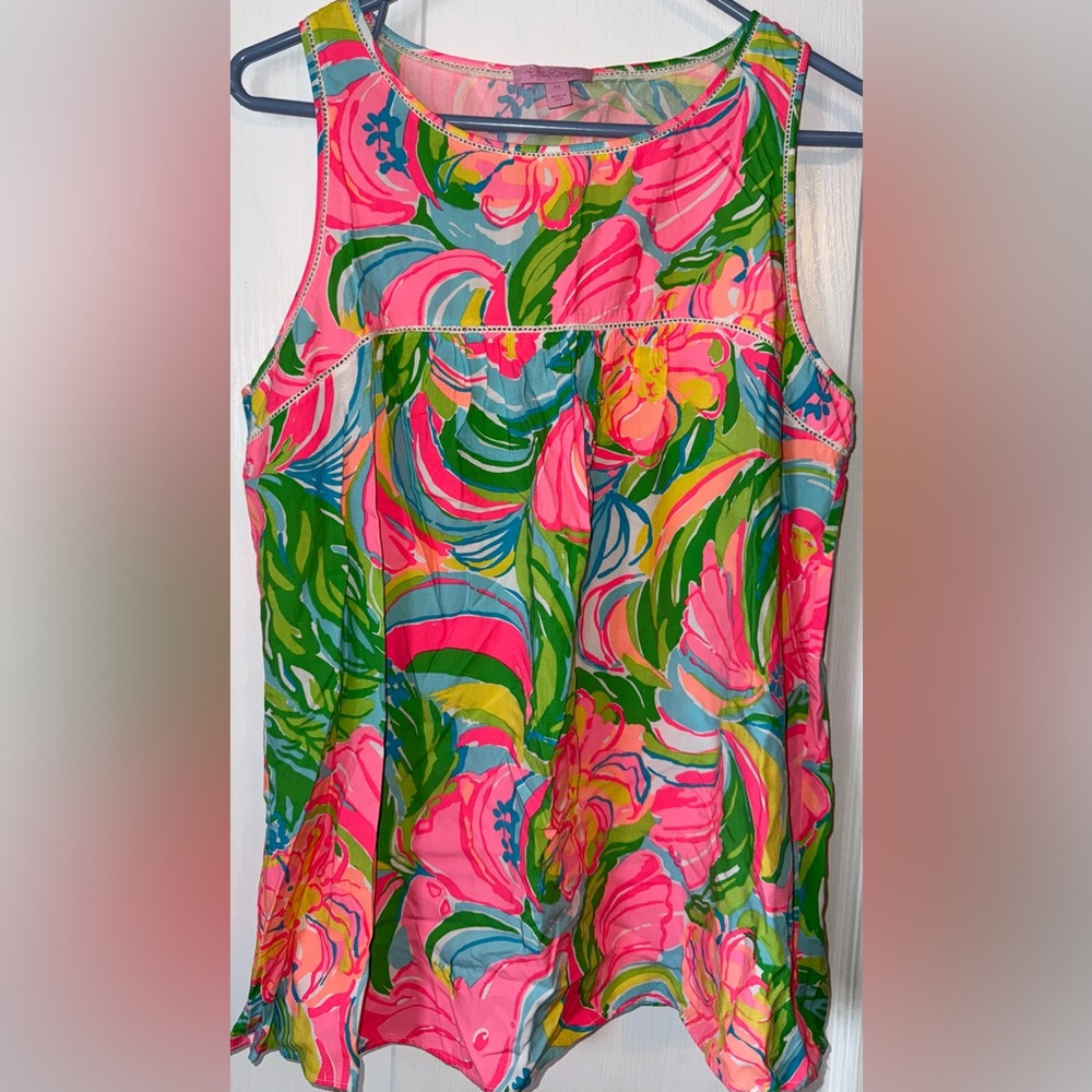 Lilly Pulitzer So A Peeling Flutter Top Pink Green Floral Sleeveless Blouse Sz M